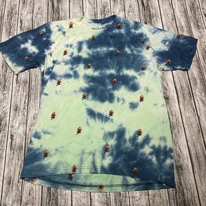 Adult Large Eighty-Eight Blue/Green Tie Due Shirt with Embroidered Roses on Fire
